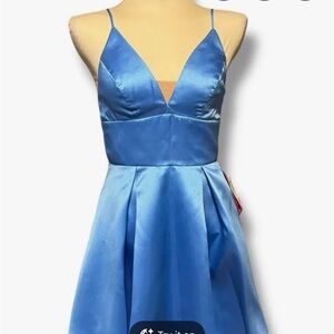 B Darlin Royal Blue Satin V-Neck Spaghetti Strap Mini Dress